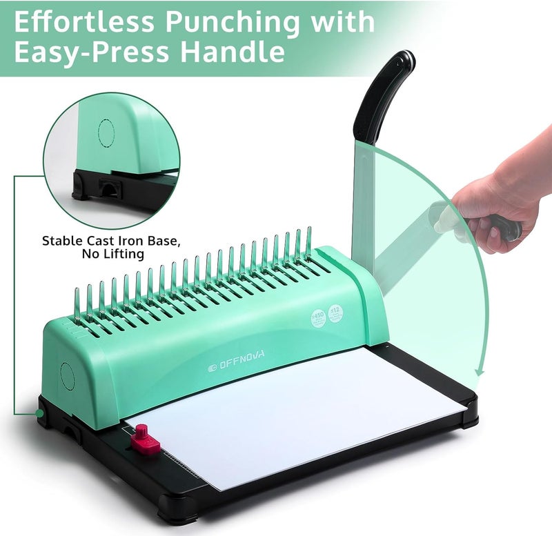 OFFNOVA Binding Machine, 21-Hole 450 Sheets Paper Comb Punch Binder Machine for Letter Size / A4 / A5 Paper, Easy to Punch Handle, Adjustable Margin - Image 2